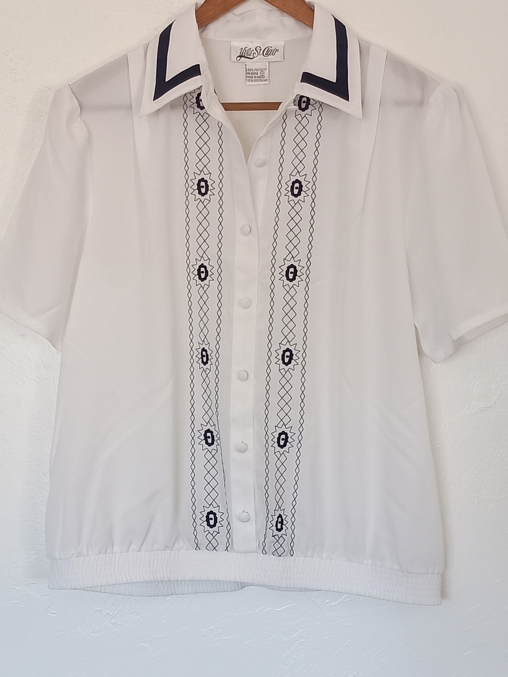 Vintage Yves St. Clair White Blouse with Blue Embroidery